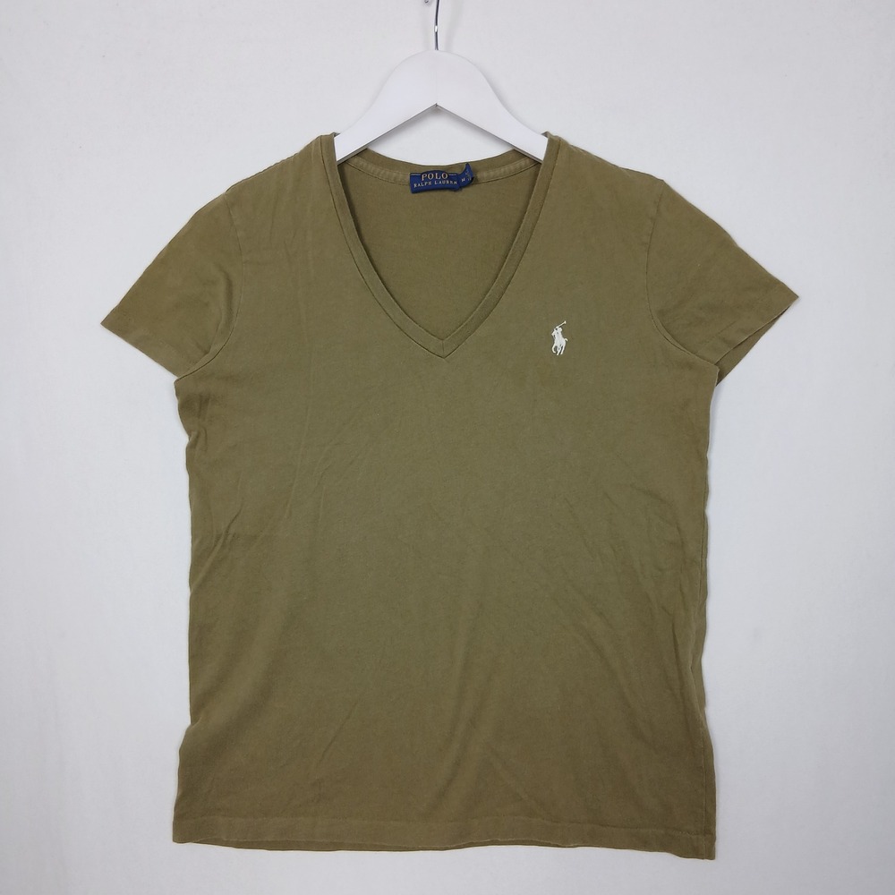 Polo Ralph Lauren Womens V-Neck T-Shirt Olive Green Cotton Pony Logo Size M
